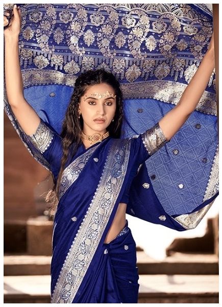 Blue Pure Satin Silk Saree With Zari Weaving