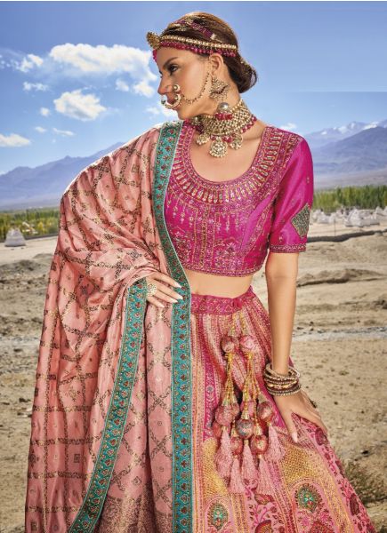 Pink & Magenta Banarasi Silk Jacquard Handwork Wedding-Wear Bridal Lehenga Choli
