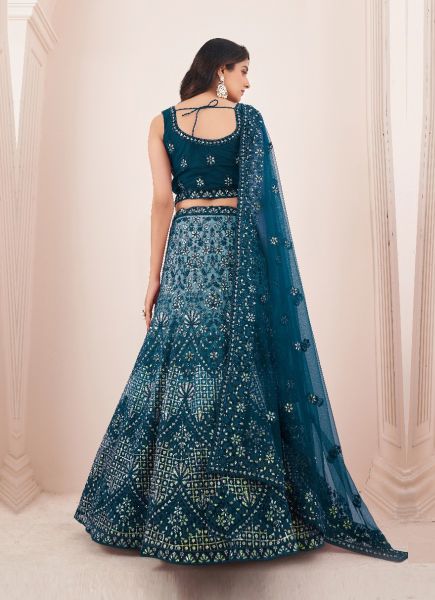 Sea Blue Net Mirror-Work Wedding-Wear Bridal Lehenga Choli