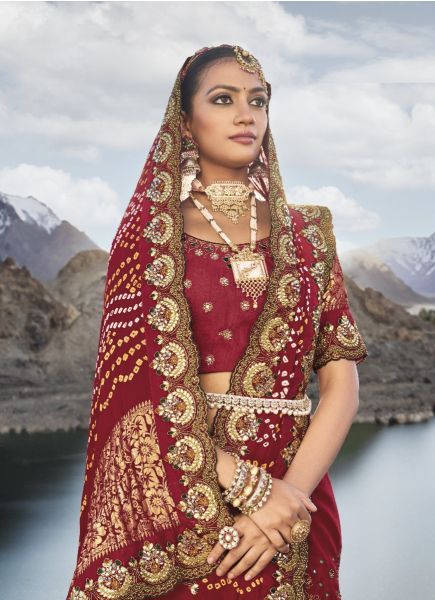 Maroon Pure Gajji Satin Bandhej Printed Wedding-Wear Kacchi Saree
