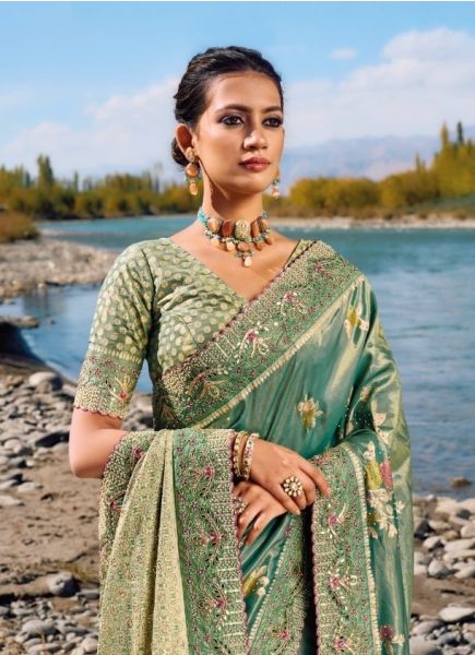 Sea Green Pure Banarasi Handwork Wedding-Wear Jari Silk Saree