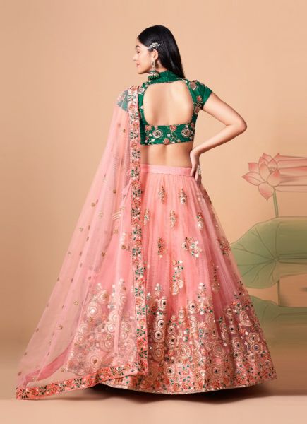 Pink Soft Net Embroidered Party-Wear Stylish Lehenga With Contrast Blouse