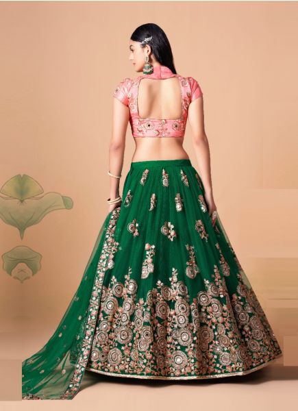Green Soft Net Embroidered Party-Wear Stylish Lehenga With Contrast Blouse
