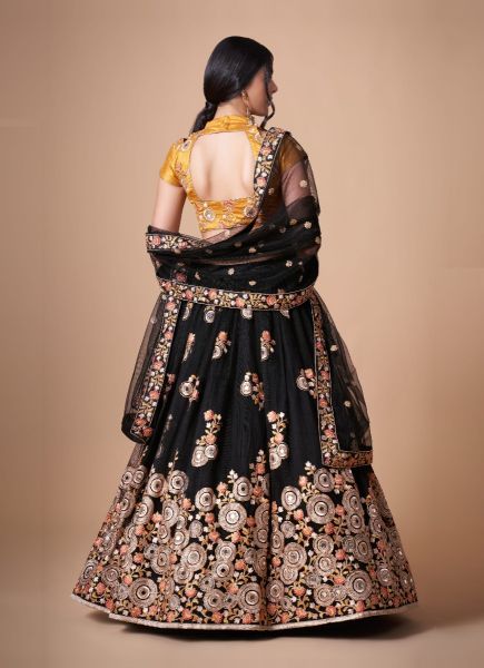 Black Soft Net Embroidered Party-Wear Stylish Lehenga With Contrast Blouse