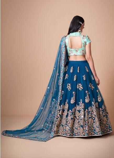 Royal Blue Soft Net Embroidered Party-Wear Stylish Lehenga With Contrast Blouse