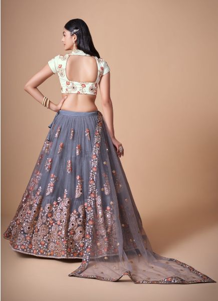 Steel Gray Soft Net Embroidered Party-Wear Stylish Lehenga With Contrast Blouse