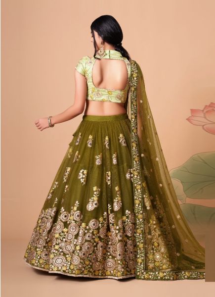 Olive Green Soft Net Embroidered Party-Wear Stylish Lehenga With Contrast Blouse