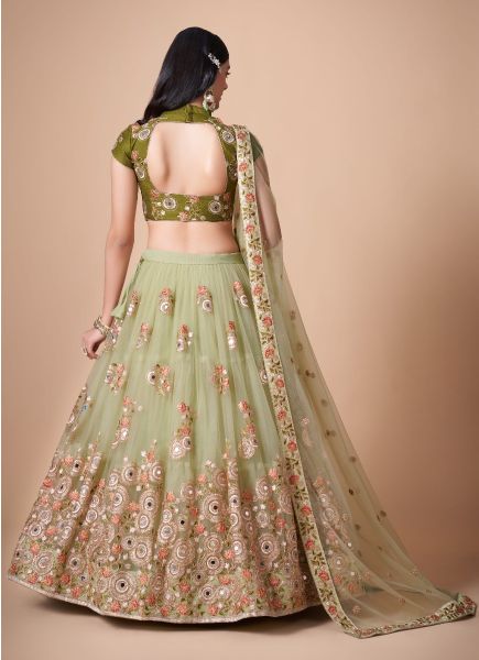 Light Olive Green Soft Net Embroidered Party-Wear Stylish Lehenga With Contrast Blouse