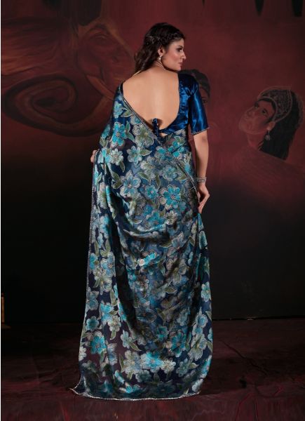 Sea Blue Organza Brasso Digitally Printed Festive-Wear Saree