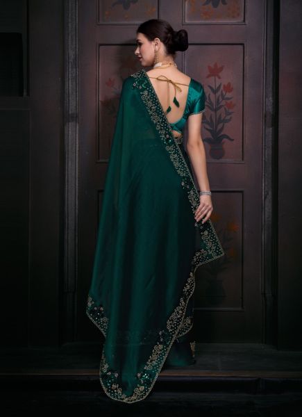 Teal Green Satin Stone-Work Party-Wear Boutique-Style Saree