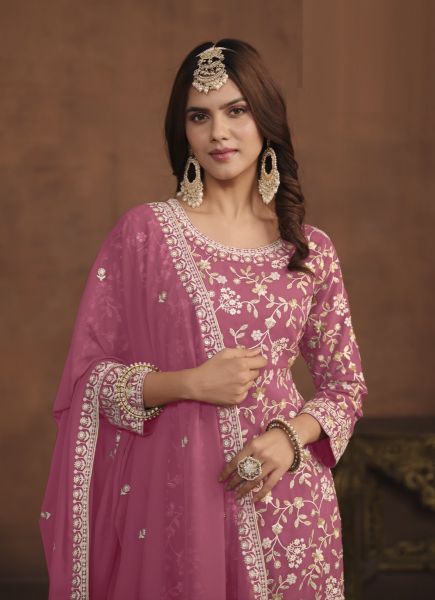 Dark Pink Georgette Thread-Work Ramadan Special Sharara-Bottom Salwar Kameez