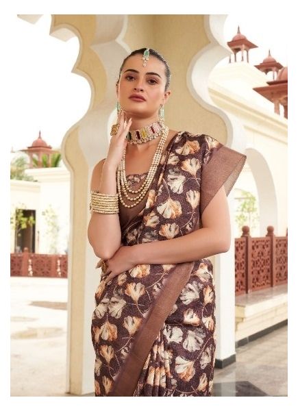 Brown Silk Digitally Printed Festive-Wear Fashionable Saree