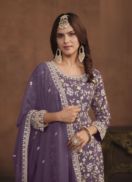 Dull Purple Georgette Thread-Work Ramadan Special Sharara-Bottom Salwar Kameez