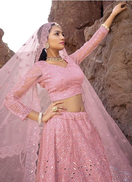 Baby Pink Pure Net Sequins-Work Wedding-Wear Stylish Lehenga Choli