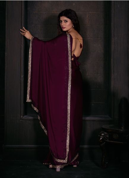 Purple Satin Georgette Embroidered Festive-Wear Fashionable Saree