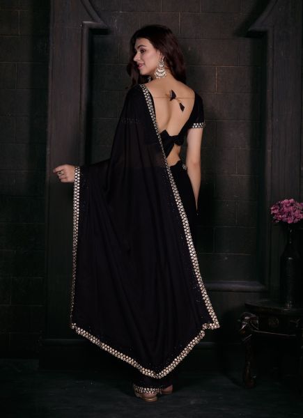 Black Satin Georgette Embroidered Festive-Wear Fashionable Saree