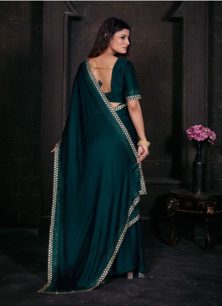Teal Blue Satin Georgette Embroidered Festive-Wear Fashionable Saree
