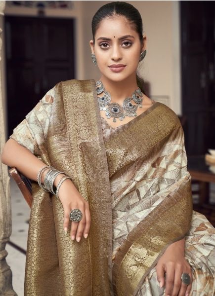 Light Brown Soft Silk Digitally Printed Festive-Wear Saree