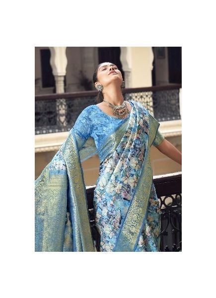 Sky Blue Soft Silk Digitally Printed Festive-Wear Saree