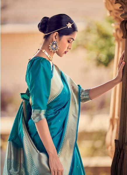 Teal Blue Banarasi Satin Silk Festive-Wear Saree