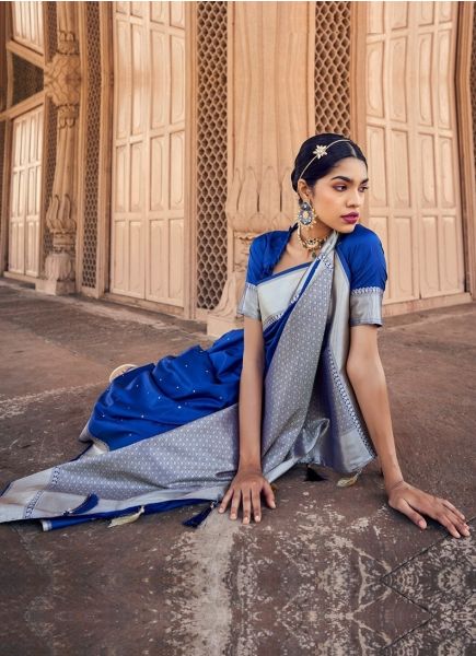 Royal Blue Banarasi Satin Silk Festive-Wear Saree