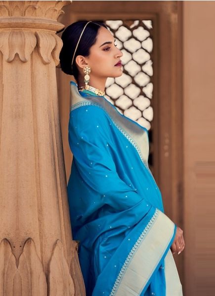 Sky Blue Banarasi Satin Silk Festive-Wear Saree