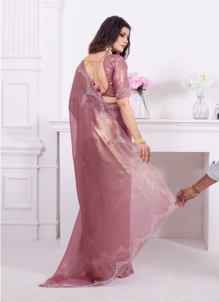 Mauve Pink Net Stone-Work Festive-Wear Boutique-Style Saree