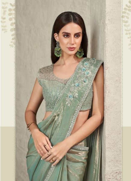 Mint Green Imported Glass Satin Mirror & Sequins Work Wedding-Wear Ready-To-Wear Saree