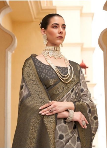 Warm Gray Tussar Silk Printed Festive-Wear Saree