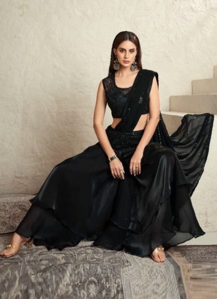 Black Imported Satin Mirror & Sequins Work Wedding-Wear Ready-To-Wear Saree With Belt