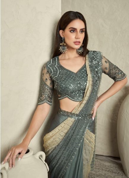 Sage Blue Imported Lycra Zari Net Satin Silk Mirror & Sequins Work Wedding-Wear Ready-To-Wear Saree With Belt