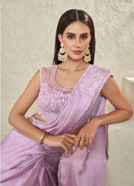 Lilac Imported Satin Glass Satin Mirror & Sequins Work Wedding-Wear Ready-To-Wear Saree With Belt