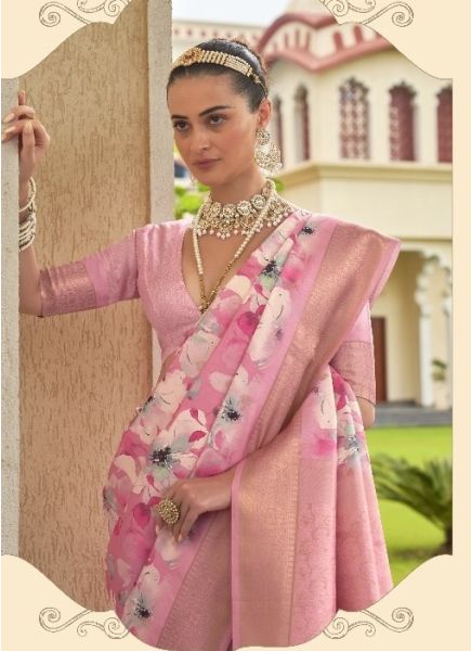 Pink Khadi Silk Floral Printed Saree For Kitty Parties