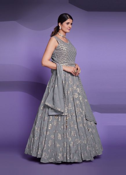Light Steel Blue Georgette Sequins-Work Party-Wear Readymade Gown With Dupatta