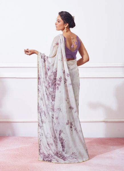 White Organza Floral Digital Print Saree For Kitty Parties