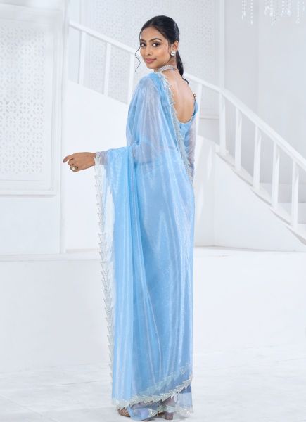 Sky Blue Organza Stone-Work Carnival Saree For Kitty Parties
