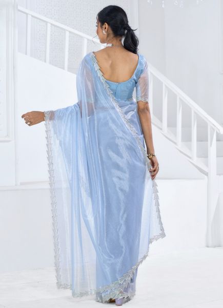 Light Blue Organza Stone-Work Carnival Saree For Kitty Parties