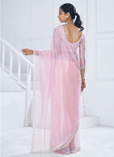 Light Pink Organza Stone-Work Carnival Saree For Kitty Parties