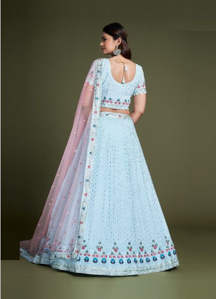 Light Sky Blue Georgette Sequins-Work Lehenga Choli For Evening Party & Occasions