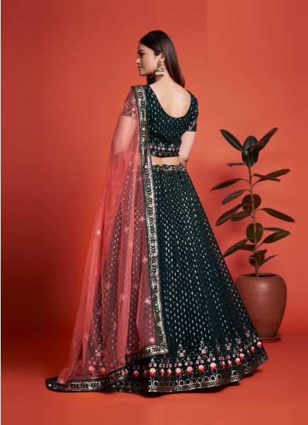 Dark Teal Blue Georgette Sequins-Work Lehenga Choli For Evening Party & Occasions