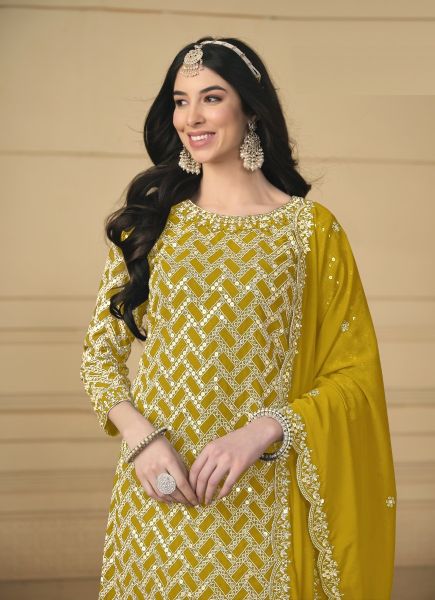 Yellow Faux Georgette Embroidered Ramadan Special Gharara-Bottom Salwar Kameez