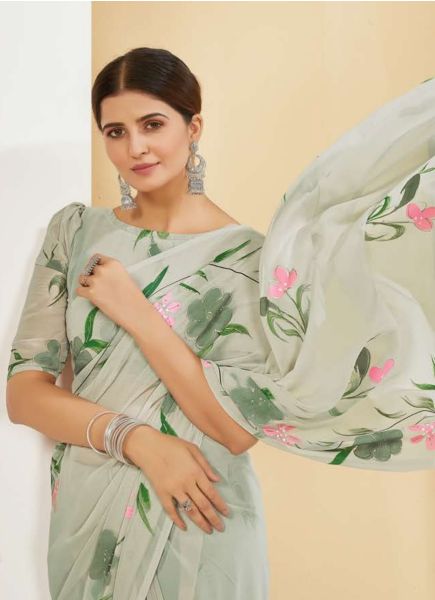 Light Sage Green Georgette Handprinted Saree for Kitty Parties