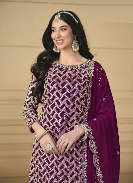 Purple Faux Georgette Embroidered Ramadan Special Gharara-Bottom Salwar Kameez