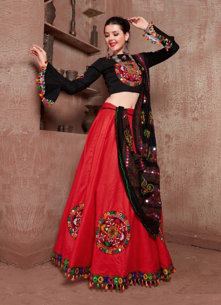 Red & Black Cotton Mirror-Work Navratri-Wear Special Lehenga Choli