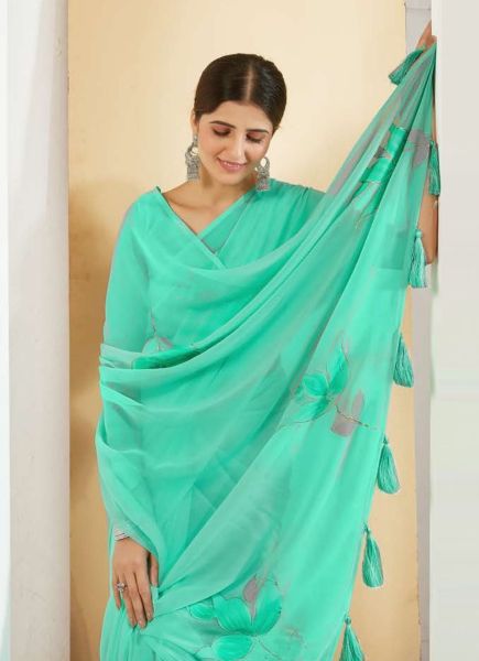 Aqua Georgette Handprinted Saree for Kitty Parties