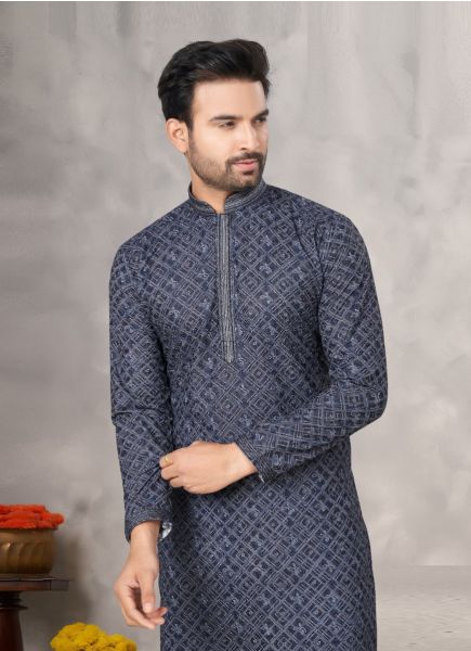 Navy Blue Cotton Digitally Printed Kurta With Pyjama For Traditional / Religious Occasions