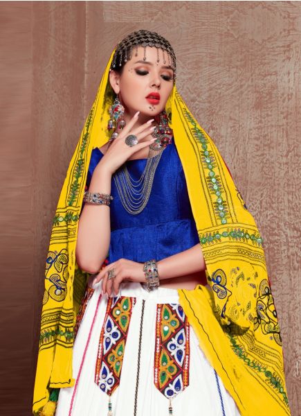 White & Blue Cotton Mirror-Work Navratri-Wear Special Lehenga Choli