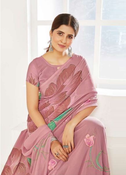 Mauve Georgette Handprinted Saree for Kitty Parties