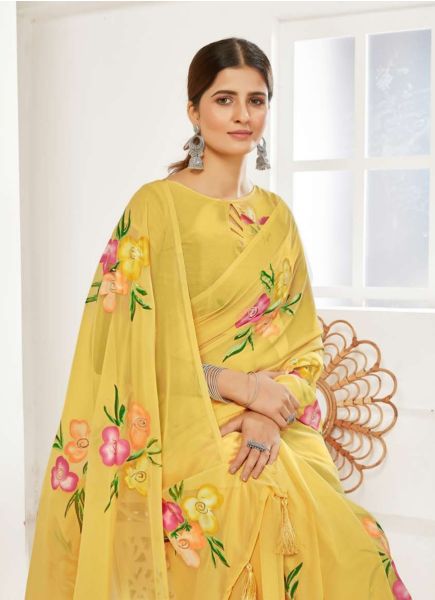 Yellow Georgette Handprinted Saree for Kitty Parties