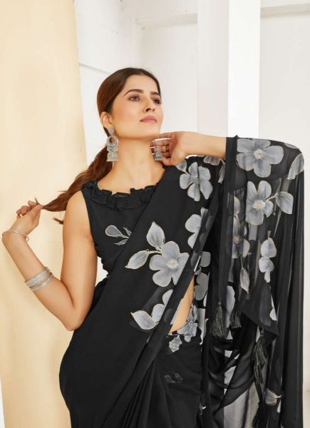 Black Georgette Handprinted Saree for Kitty Parties